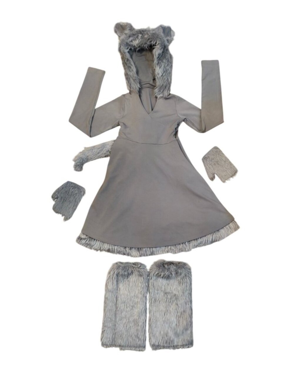 Grey Wolf Complete Costume S Hooded Dress Faux Fur Ears Gloves Tail Leg Warmers